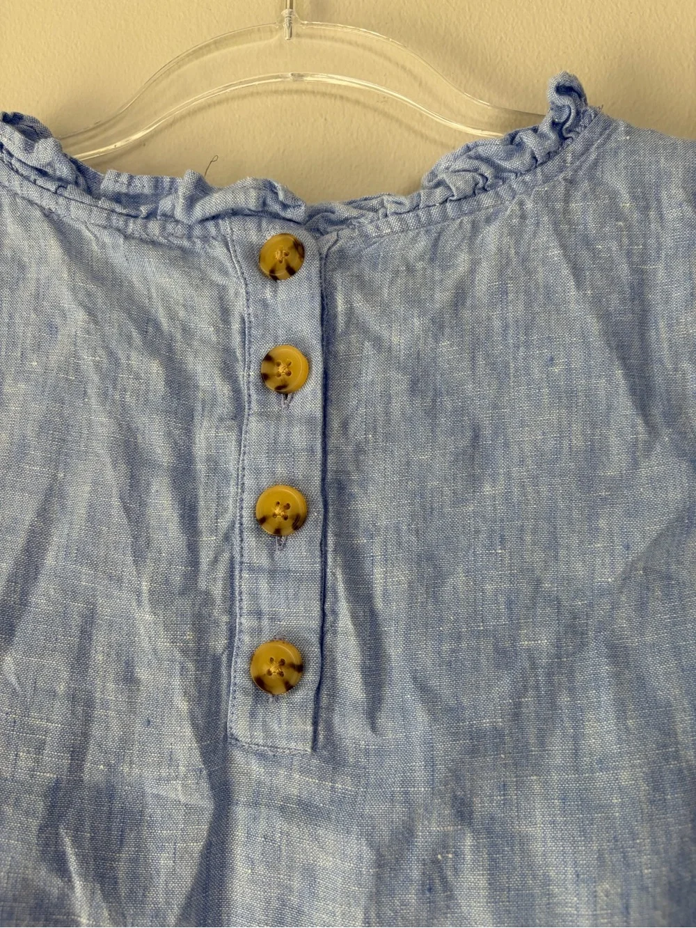 J. Crew Linen Chambray Blue Ruffle Neck Sleeveless Top - Picture 8 of 14